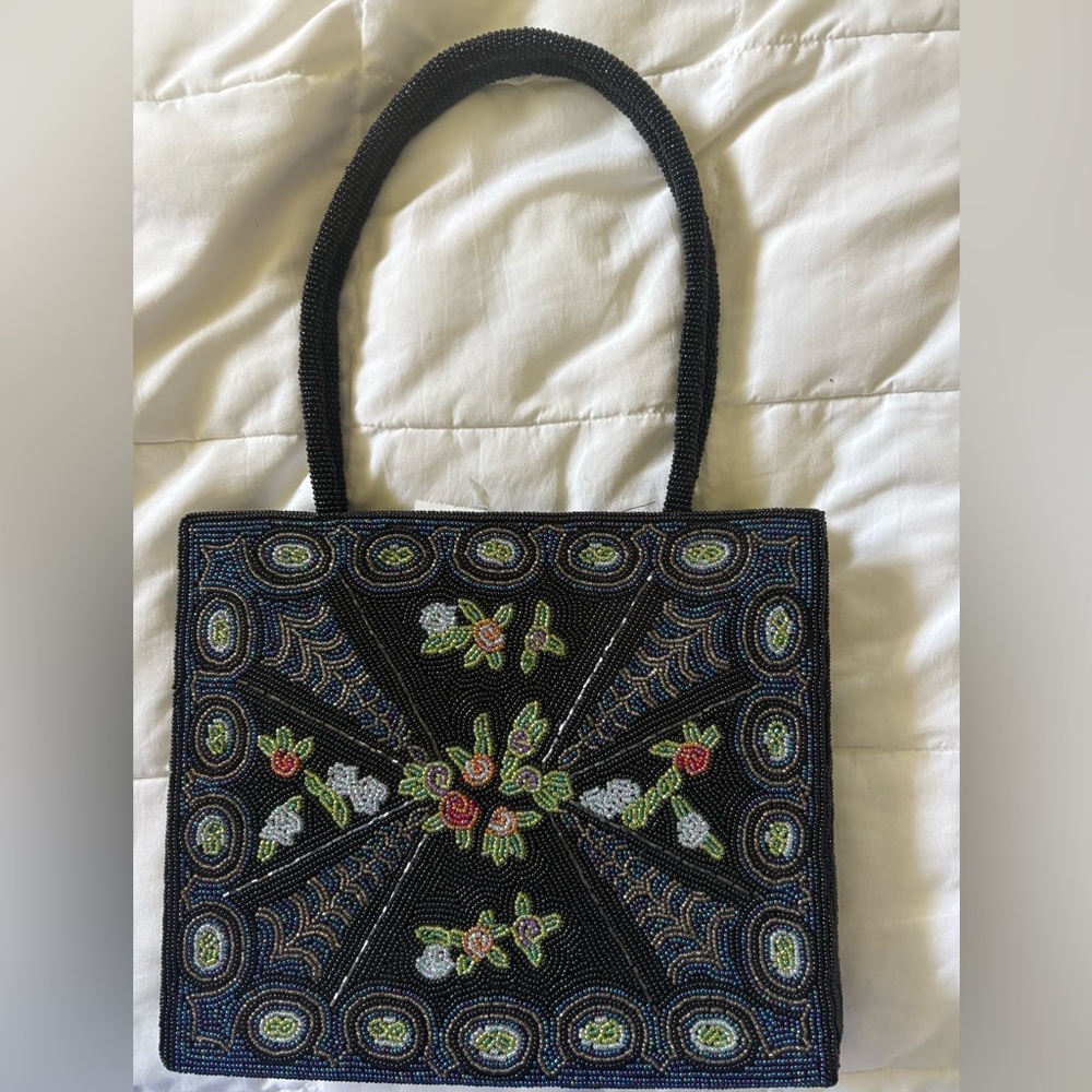Embroidered Black Beaded Handbag